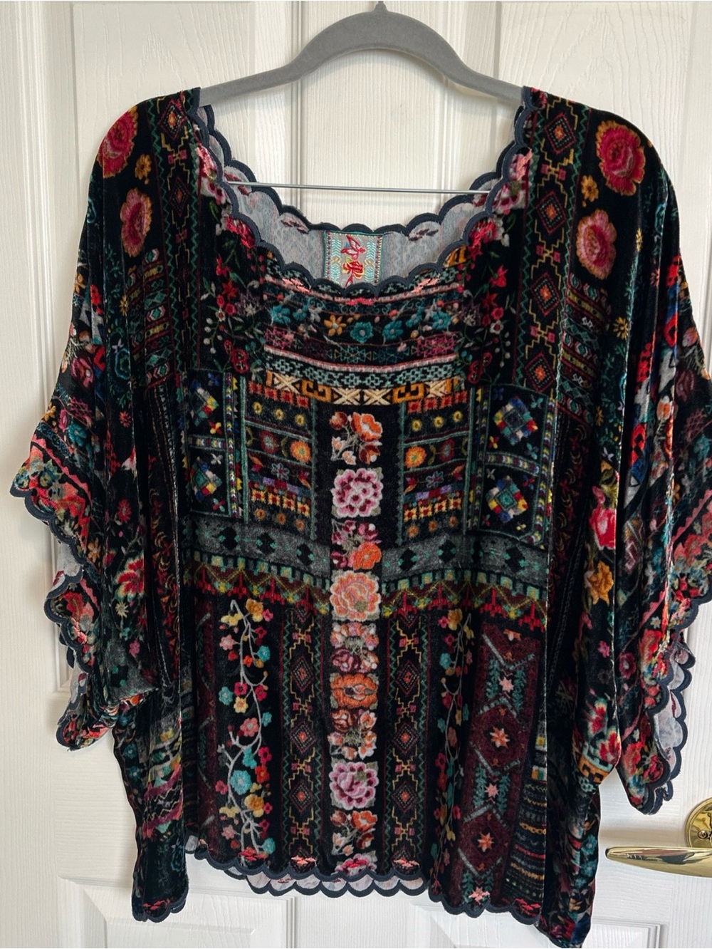 Johnny Was Velvet Floral Scoop Neck Top scalloped edges - Black Multicolor